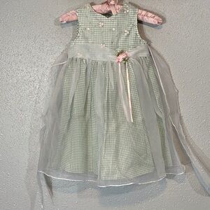 VNTG Bonnie Jean Green Gingham Dress with Sheer Overlay
